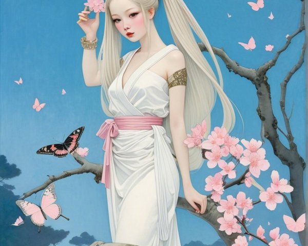 Serene Female Figure Among Cherry Blossoms and Moons