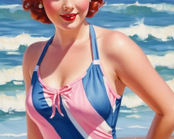 Cheerful woman in vintage swimsuit by the beach