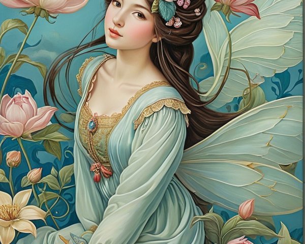 Fairy with Butterfly Wings Among Lotus Flowers