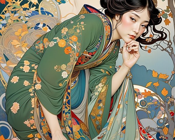 Illustration of Woman in Traditional Kimono Amid Autumn