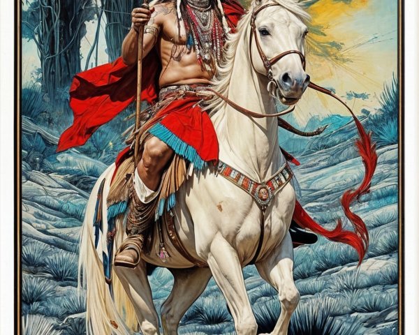 Native American Warrior on Horse in Vibrant Landscape