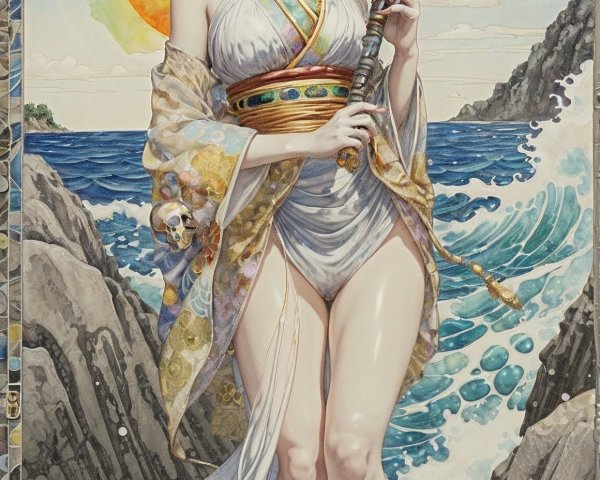 Figure in White Garment at Water's Edge at Sunset