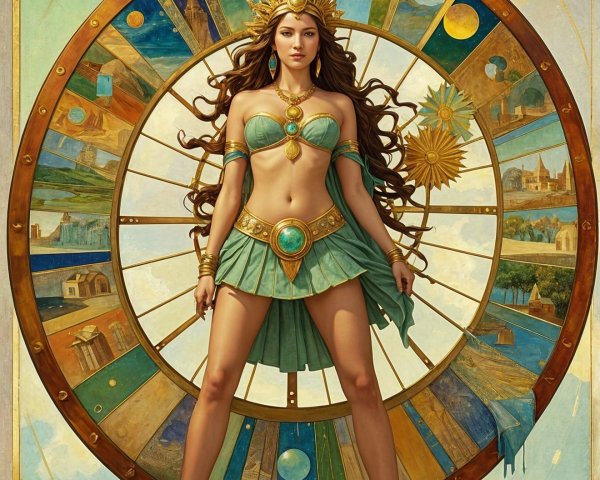 Mythical Figure in Turquoise and Gold Attire