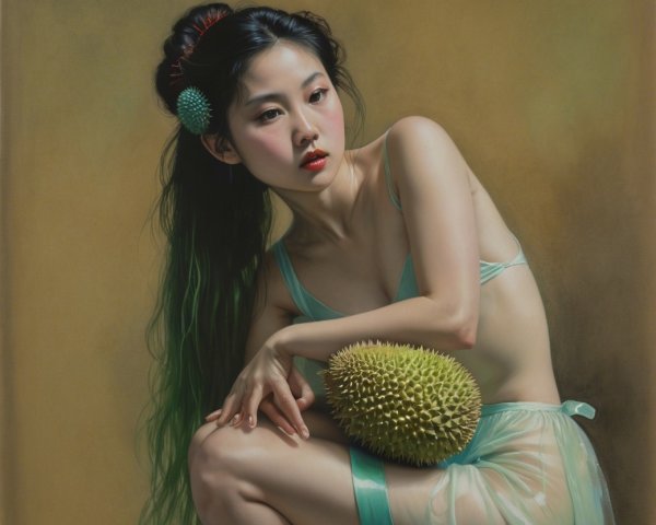 Young woman with black hair and durian fruit portrait