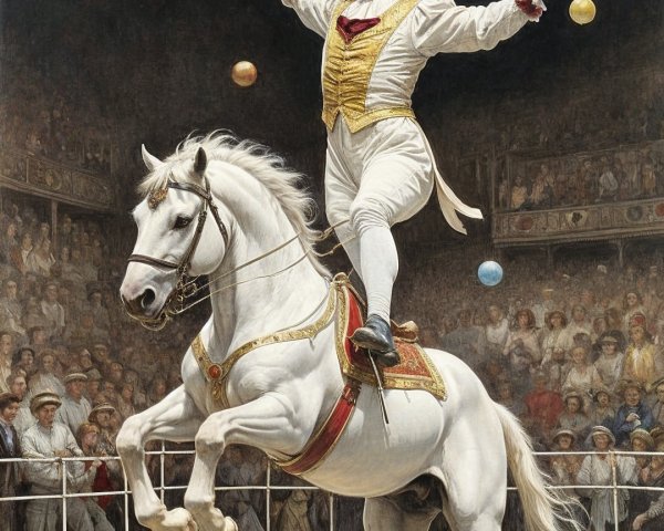 Vibrant Circus Scene with Jester and White Horse