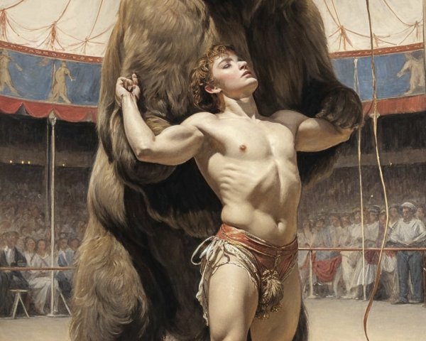 Circus Performer and Bear in Vibrant Tent Setting