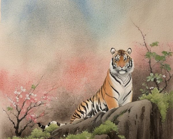 Majestic tiger on rocky outcrop with serene background