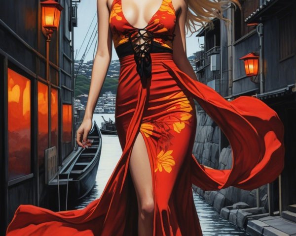 Fashionable Woman in Red Dress on Cobblestone Path
