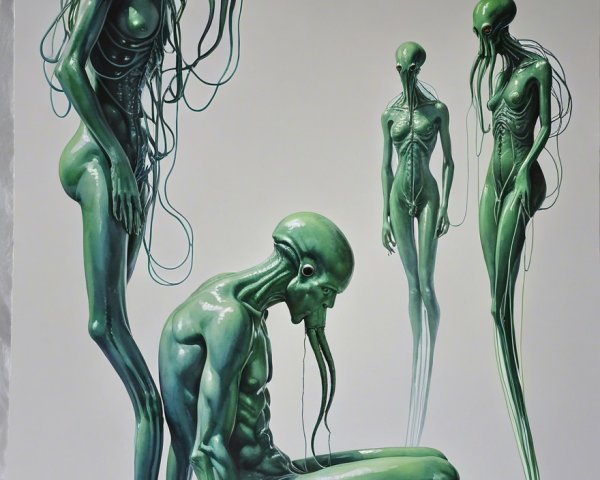 Surreal Humanoid Figures with Elongated Bodies and Tentacles