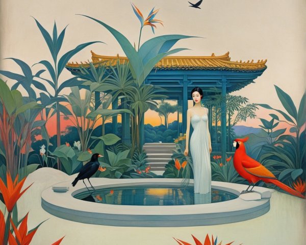 Serene Woman by Pond in Tropical Garden Setting