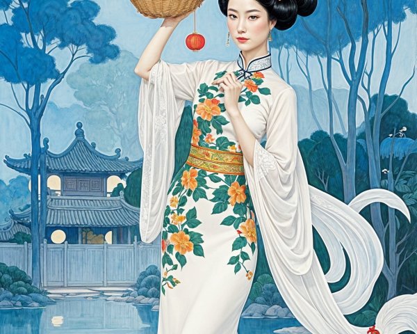 Elegant Woman in Embroidered Cheongsam by Pond