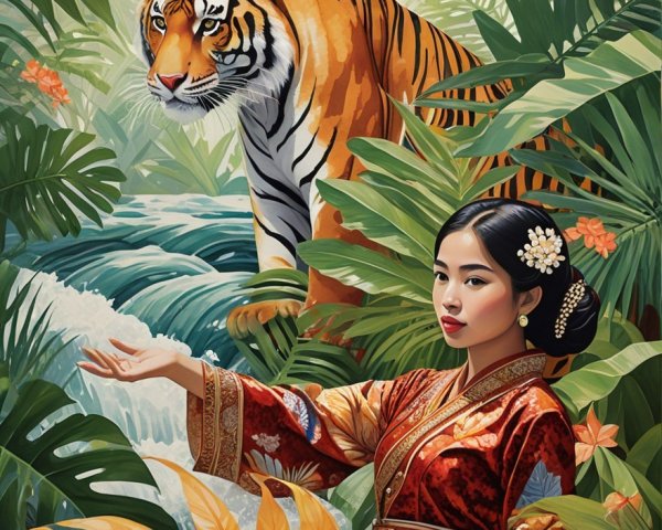 Jungle Scene with Woman and Tiger in Vibrant Colors