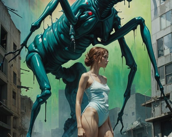 Giant Teal Insect and Woman in Surreal Landscape
