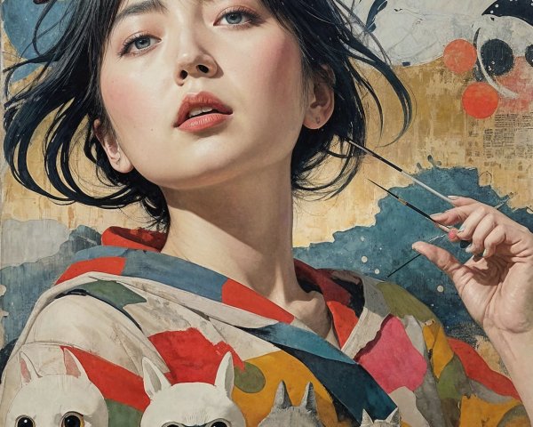 Young woman with abstract background and playful animals
