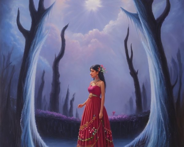 Woman in Red Dress in Mystical Landscape at Night