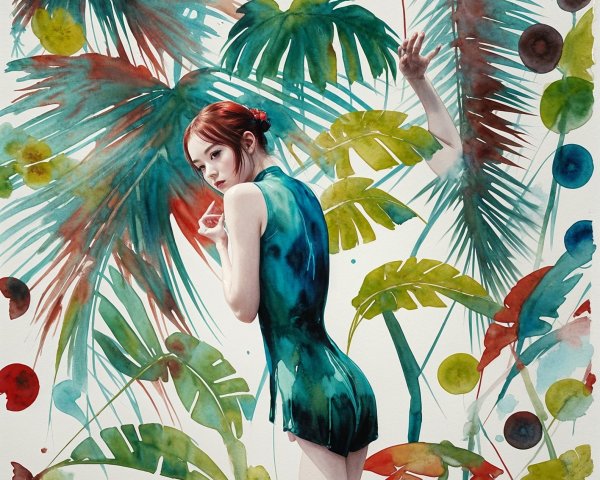 Woman with Red Hair in Tropical Watercolor Scene