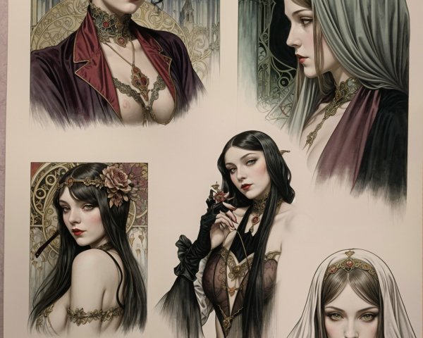 Art Nouveau Portraits of Women with Intricate Jewelry