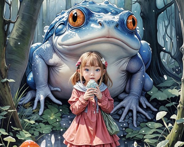 Young girl with ice cream and giant blue toad in forest