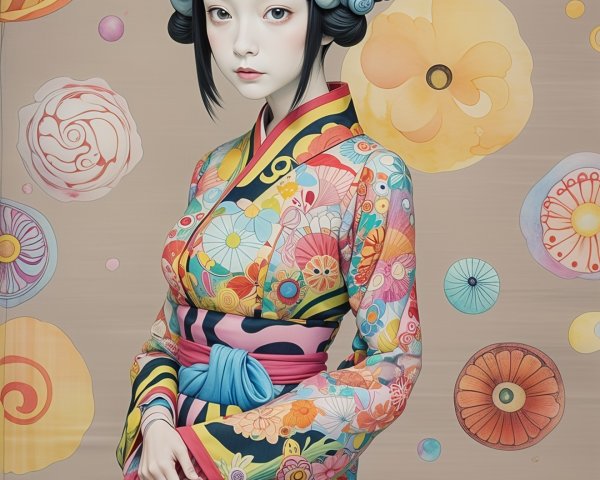 Young Woman in Vibrant Floral Kimono with Hairpieces
