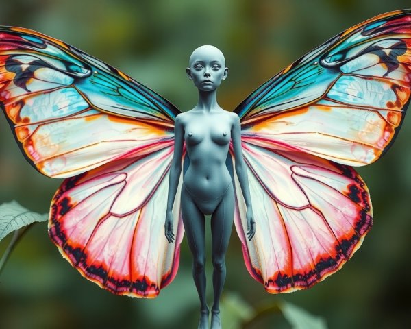 Surreal humanoid figure with butterfly wings and calm expression