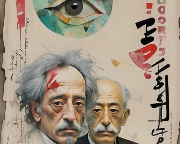 Stylized Figures of Scientists in Abstract Artwork