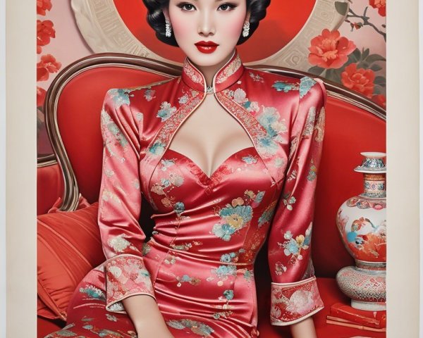 Glamorous Woman in Red Silk Cheongsam Artwork