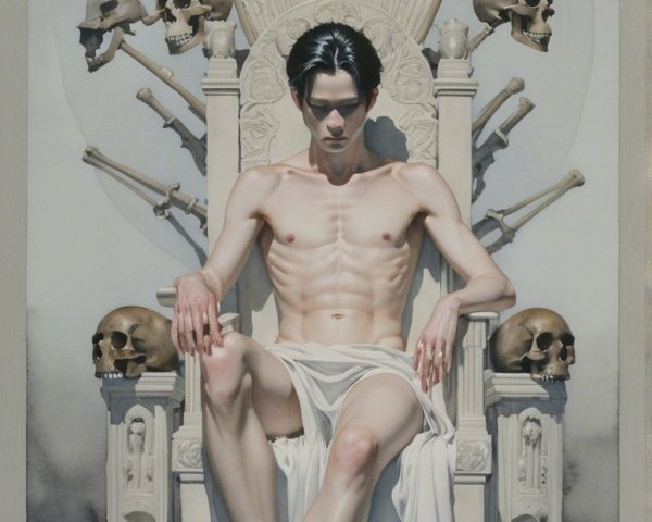 Serene Figure on Throne with Skulls and Moon Backdrop