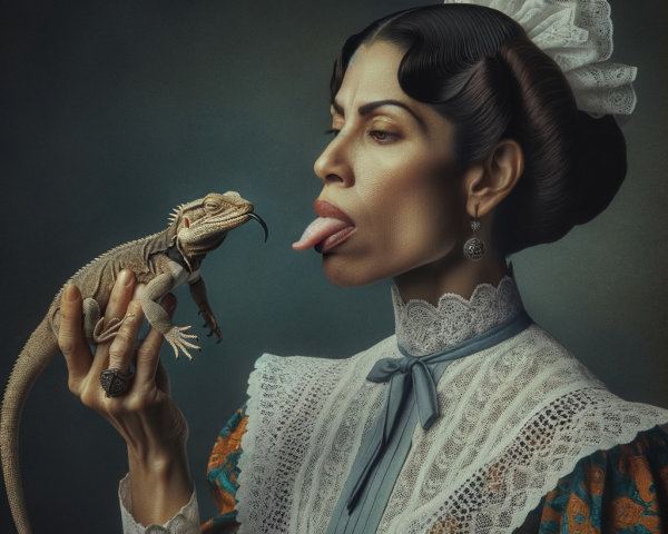 Woman in Vintage Outfit Playfully Interacting with Lizard