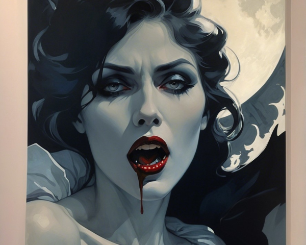 Female vampire portrait with pale skin and fangs