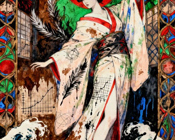 Japanese Geisha in White Kimono with Dynamic Pose