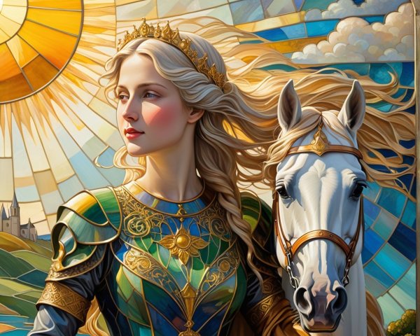 Regal Woman in Armor with White Horse and Stained Glass