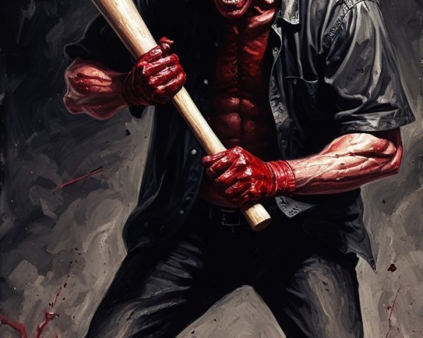 Muscular Figure Wielding Bat in Blood-Soaked Scene