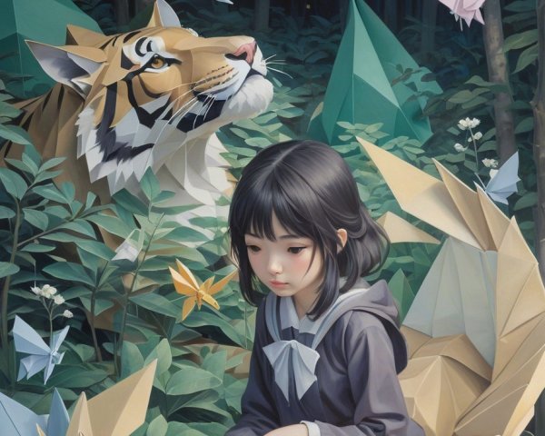 Young girl reading in a mystical forest with a tiger