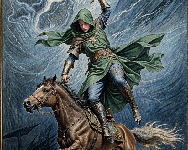 Heroic Figure in Green Attire on Galloping Horse