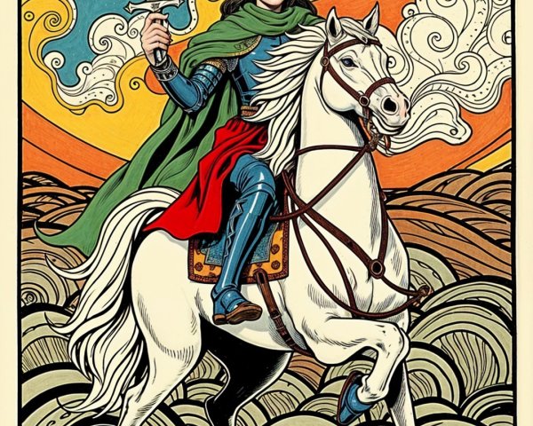 Knight on White Horse in Colorful Adventure Scene