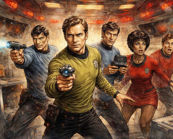 Star Trek Uniformed Characters in Spaceship Cockpit