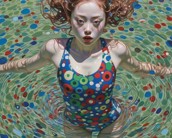 Girl in Colorful Swimming Pool with Pigtails and Swimsuit