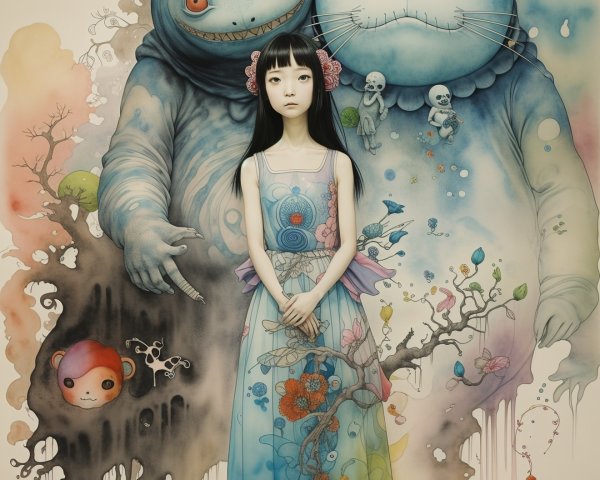 Young girl with whimsical creatures in vibrant scene