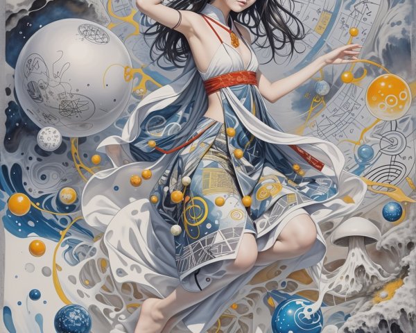 Young woman in flowing dress among mystical orbs
