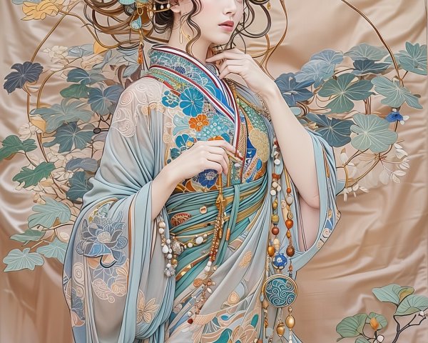 Traditional Kimono with Floral Patterns and Pastel Backdrop