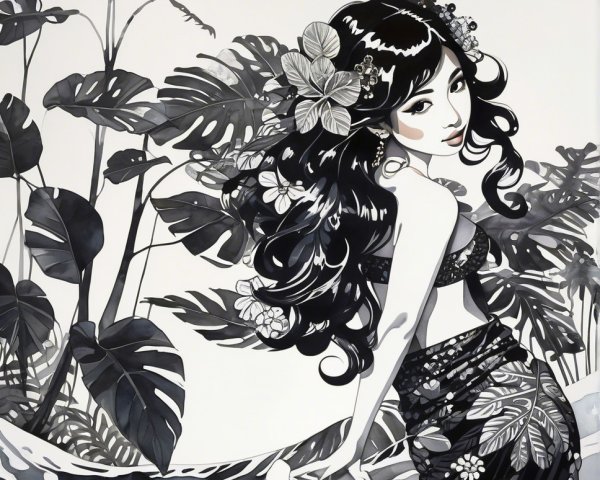 Graceful Woman in Tropical Foliage and Gentle Waves