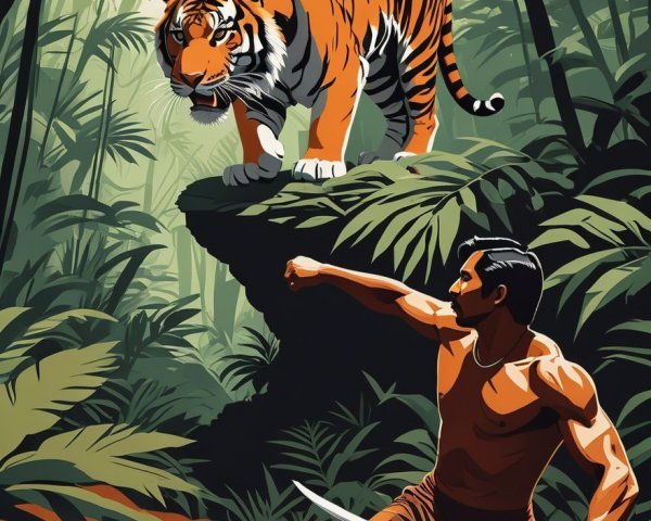 Muscular Man Faces Tiger in Dense Jungle Standoff