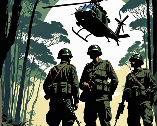 Three Soldiers in Jungle with Helicopter at Night