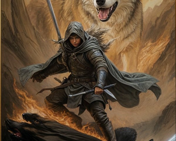Heroic Figure in Dark Armor with Wolves and Rugged Landscape