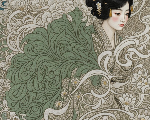 Graceful Woman in Kimono Surrounded by Floral Elements