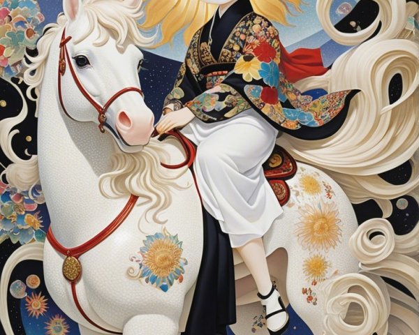Young Woman in Colorful Kimono on White Horse