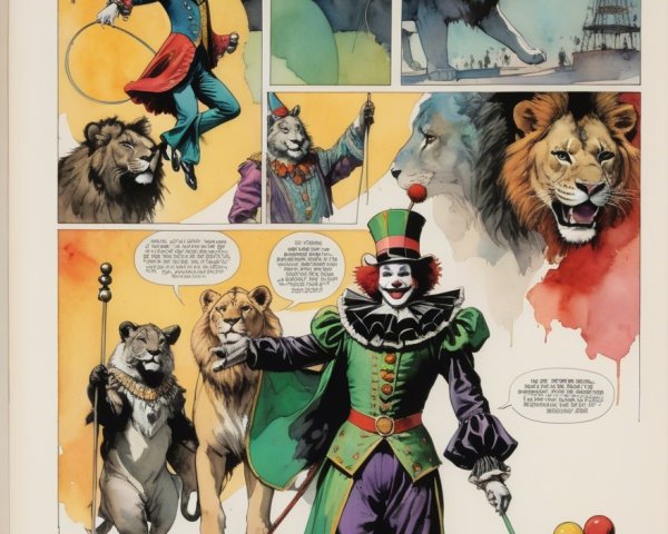 Comic Book Page with Clown and Lions in Colorful Scene