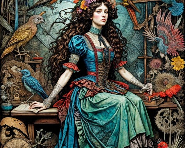 Woman in Colorful Gown Surrounded by Birds and Gears