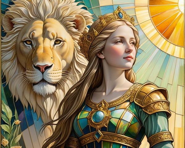 Regal Woman in Golden Armor with Majestic Lion