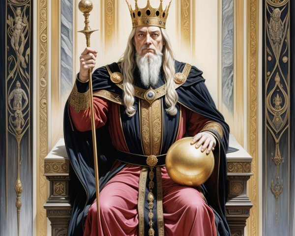 Regal figure on ornate throne with crown and scepter